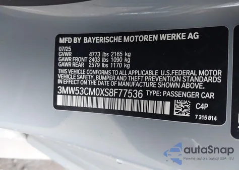 2025 BMW M240 I xDrive z USA, uszkodzony, nr VIN 3MW53CM0XS8F77536